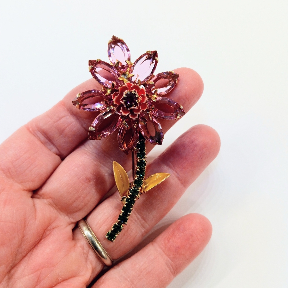 Vintage Alice Caviness Flower Brooch Pin Rhinestone Unsigned - Picture 5 of 7